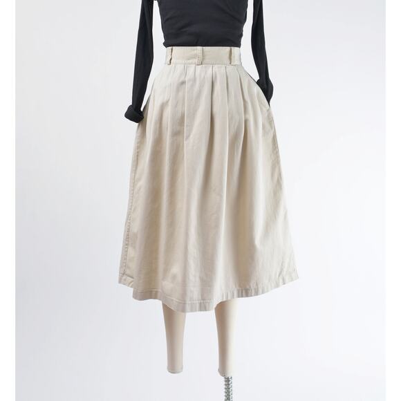 Vintage 90s Khaki Cotton Button Front Full Pleated Midi Skirt with Pockets S - Picture 6 of 7